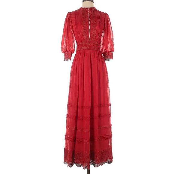 COSTARELLOS Red Scalloped Lace-Trim Maxi Dress Silk Gown Embroidered 36 4 S - Picture 9 of 10